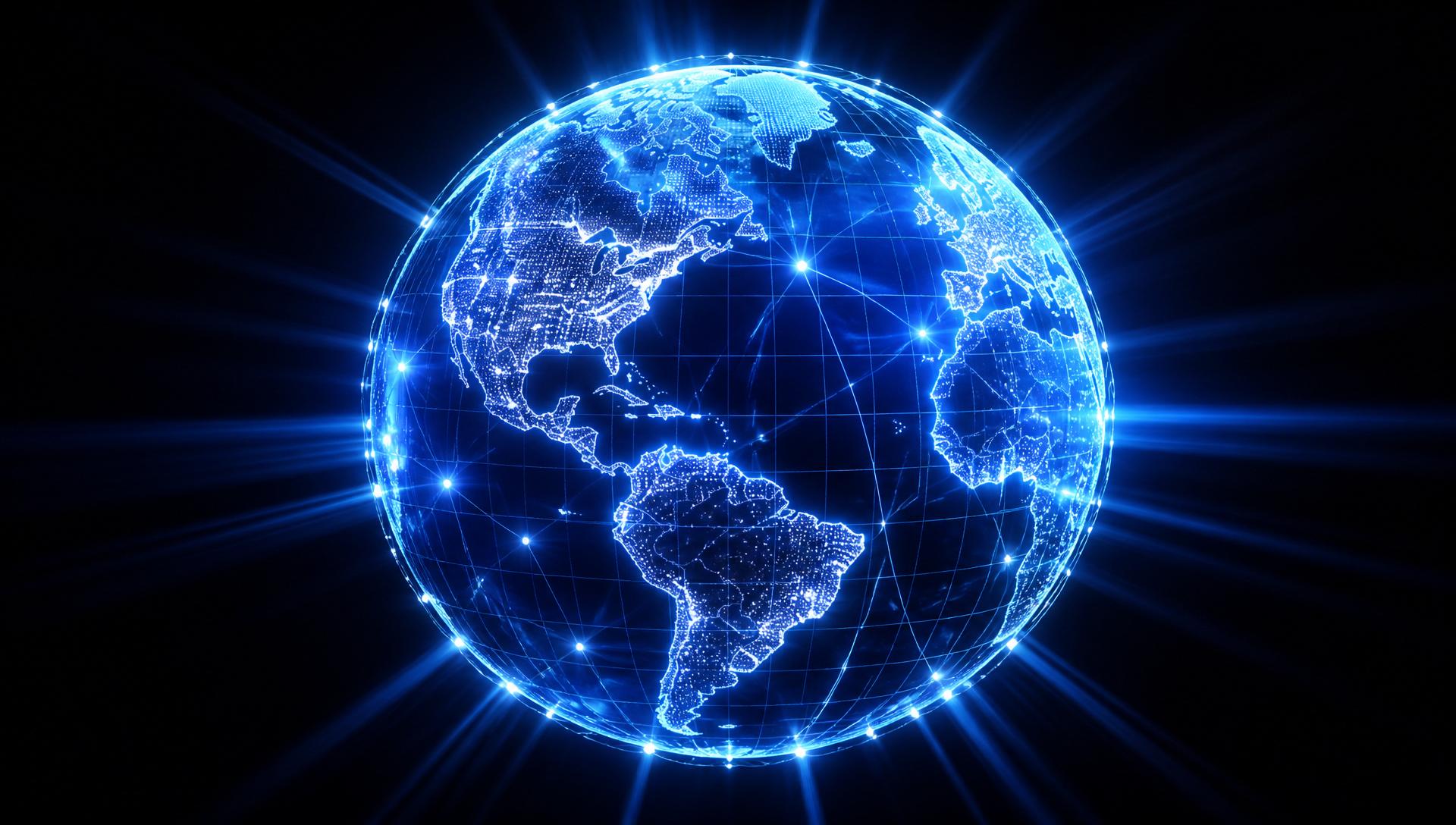 Vibrant Blue Neon Digital Globus Network Infrastructure